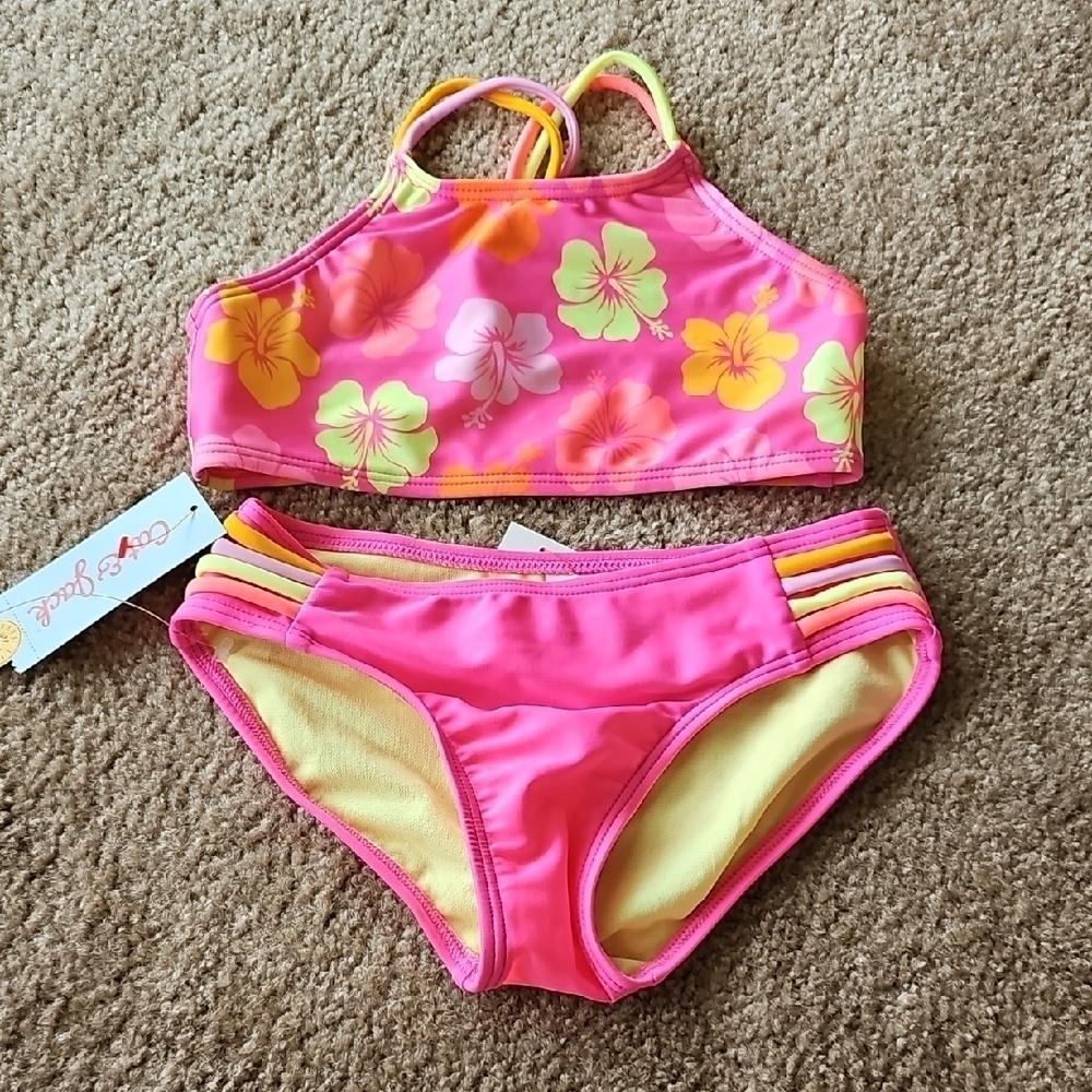 Cat & Jack Girls Hibiscus Floral Bikini Set Pink Small